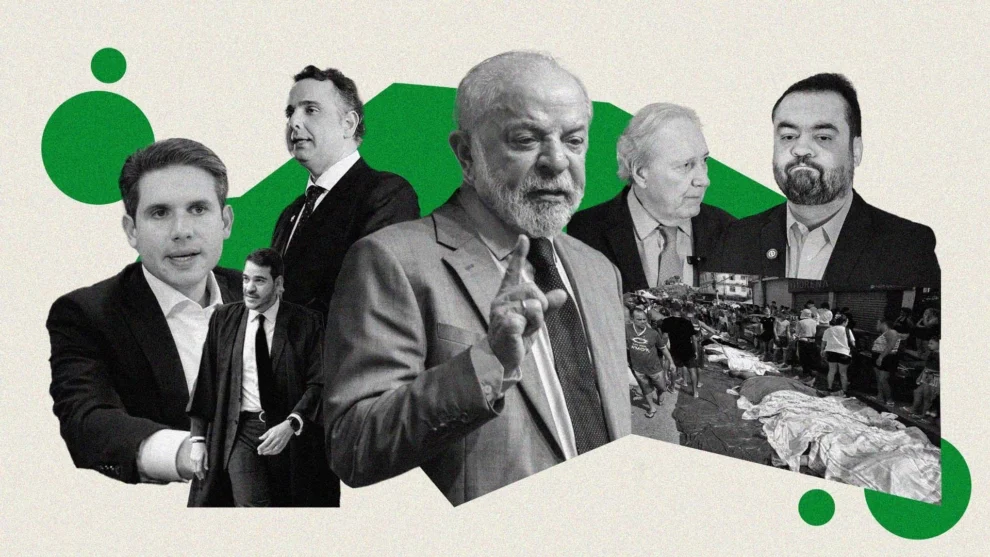 Arte: Daniel Medeiros/PlatôBR Hugo Morra, Jorge Messias, Rodrigo Pacheco, Lula, Ricardo Lewandowski, Cláudio Castro, Operação no Rio de Janeiro contra o comando vermelho