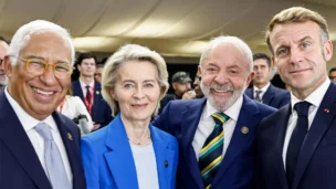 Presidente da República, Luiz Inácio Lula da Silva, com Emmanuel Macron Presidente da França, a Presidente da Comissão Europeia, Ursula von der Leyen