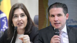 Ministra do Planejamento e Orçamento, Simone Tebet e o presidente da Câmara dos Deputados, Hugo Motta