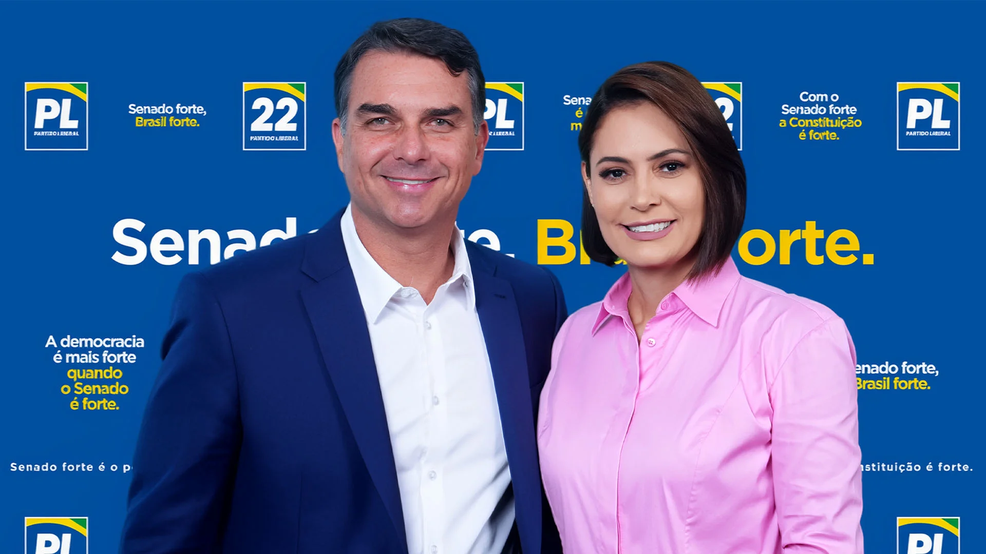 O senador e pré-candidato à Presidência da República, Flávio Bolsonaro, ao lado de Michelle Bolsonaro